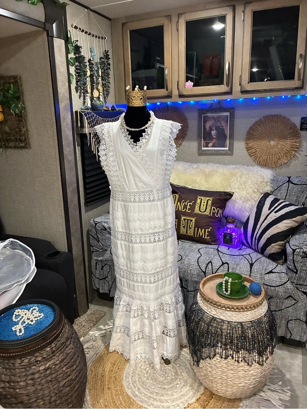 Ashro White Lace Maxi Dress with Crochet Details NWOT